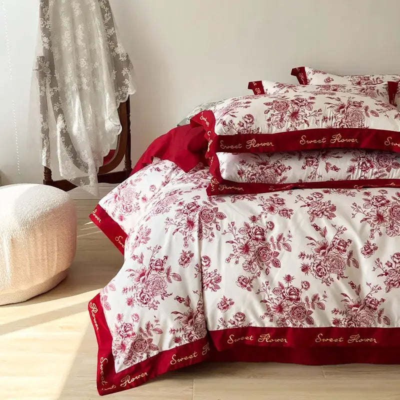 Red White Cotton Bedding Set