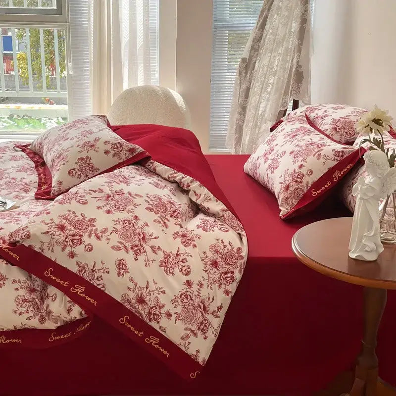 Red White Cotton Bedding Set