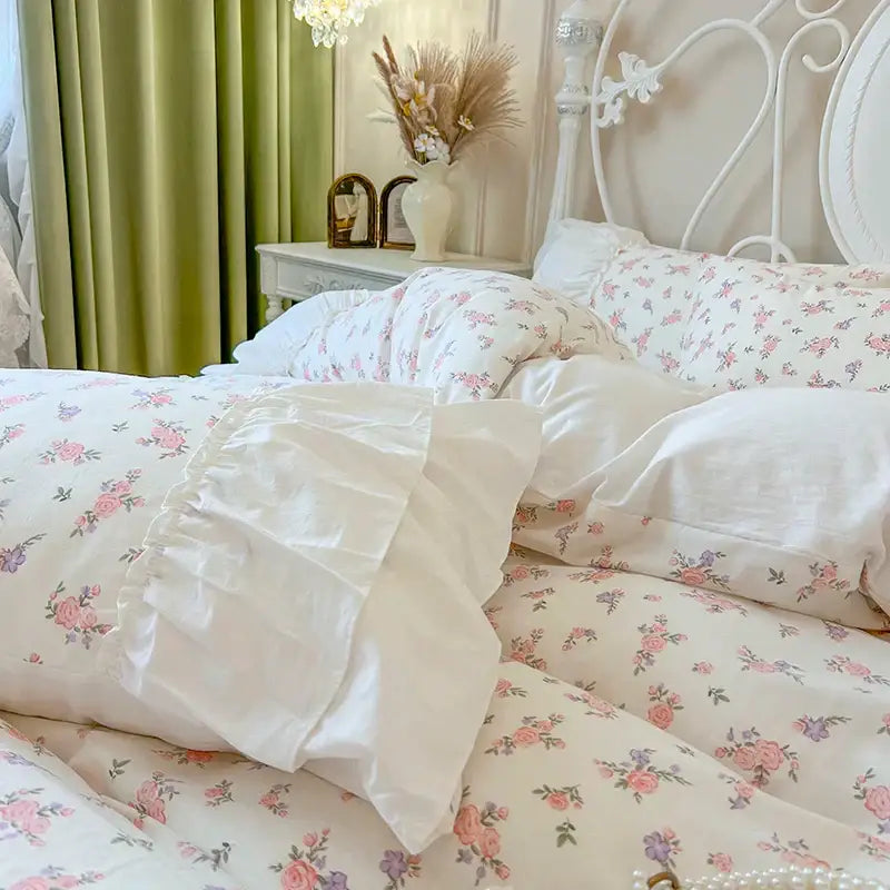 White Cotton Floral Bedding Set