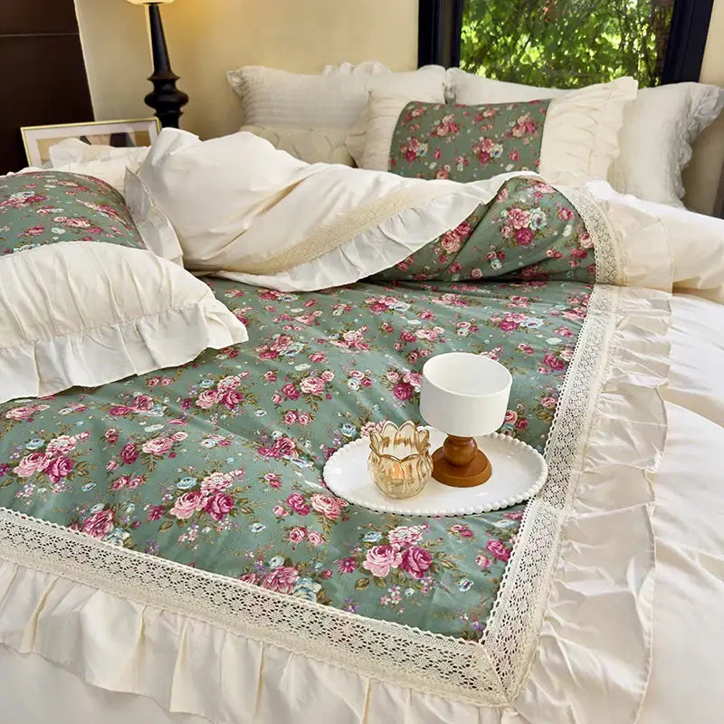 Cream Lace Ruffles Bedskirt Bedding Set