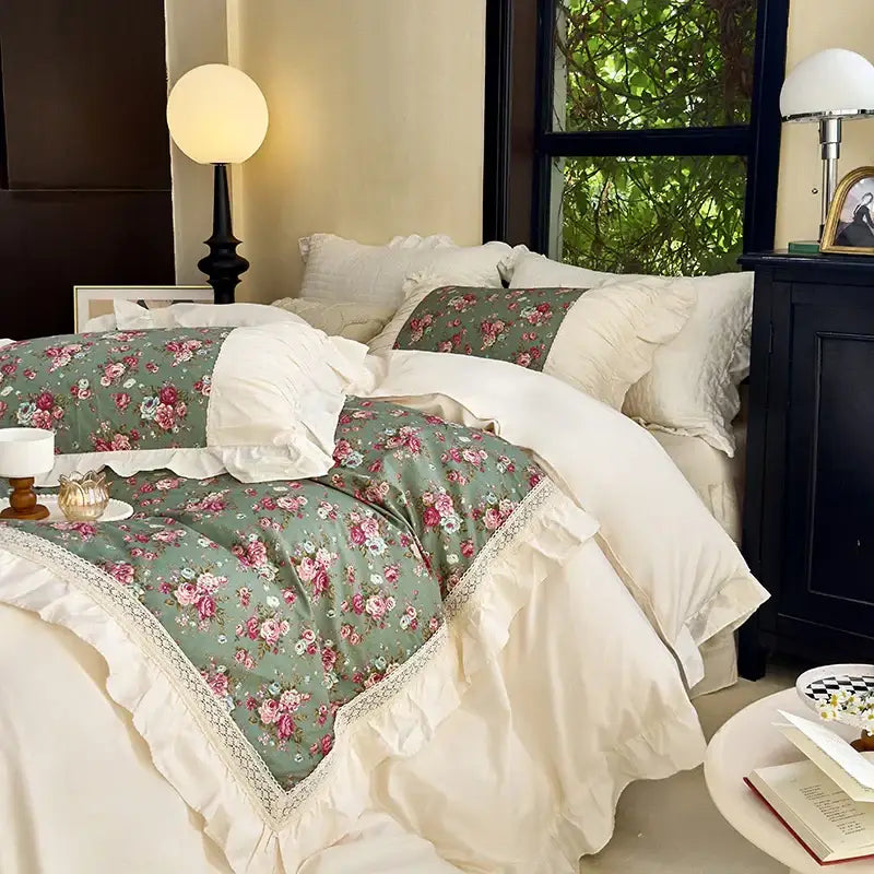 Cream Lace Ruffles Bedskirt Bedding Set