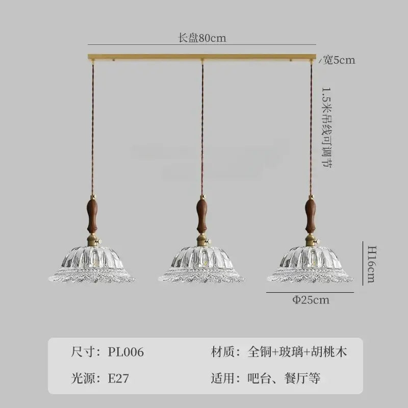 Walnut Brass Glass Pendant Light