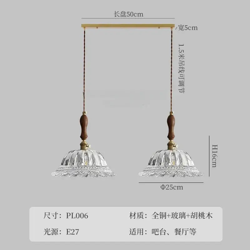 Walnut Brass Glass Pendant Light