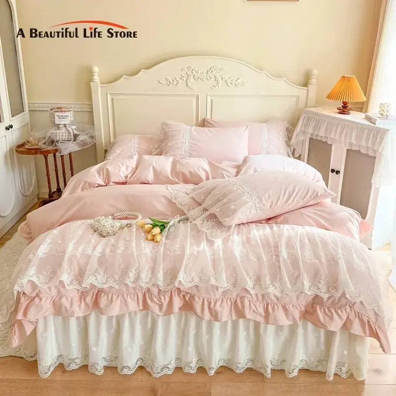 Pink Romantic Lace Cotton Bedding
