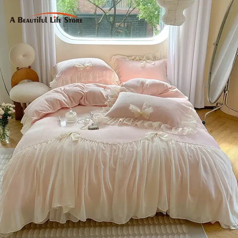 Pink Plush Velvet Lace Bedding Set