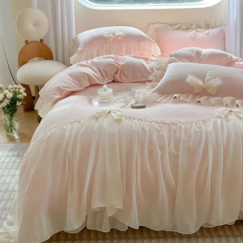 Pink Plush Velvet Lace Bedding Set