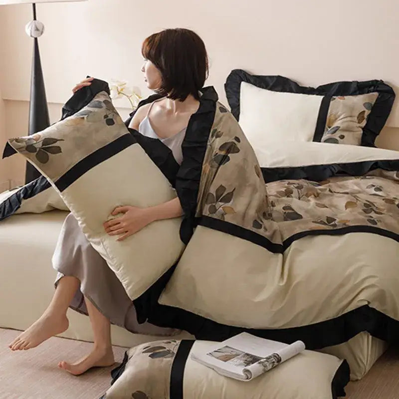 Beige Black Leaf Bedding