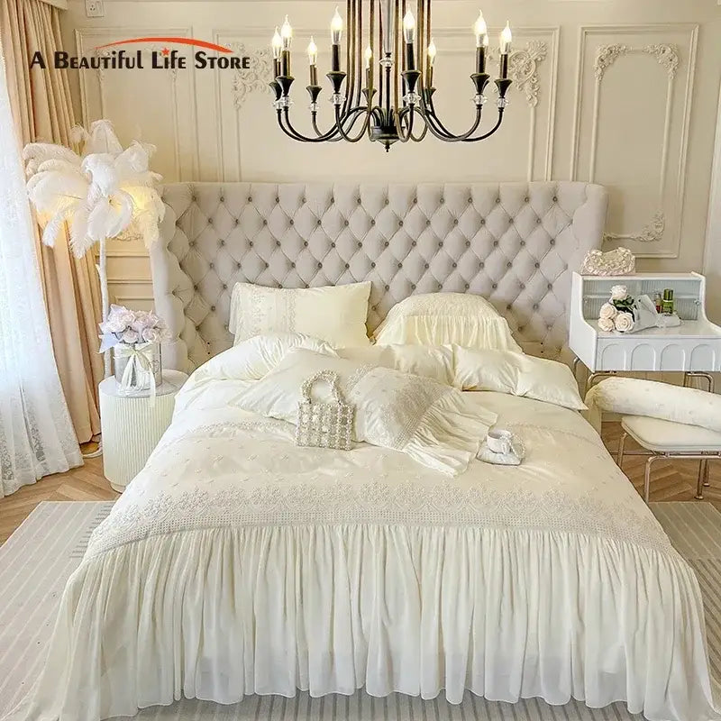 Beige Lace Ruffle Cotton Bedding Set