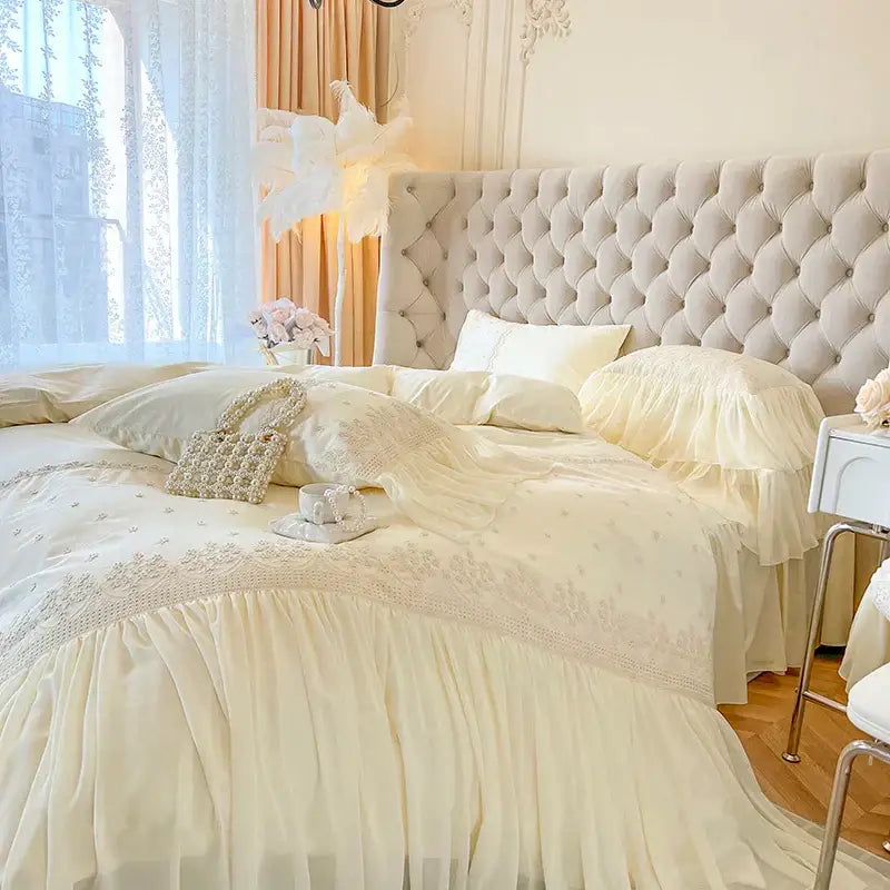 Beige Lace Ruffle Cotton Bedding Set
