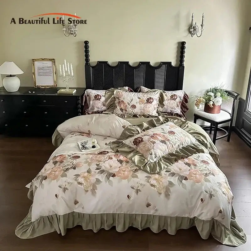 Beige Green Ruffle Bedding
