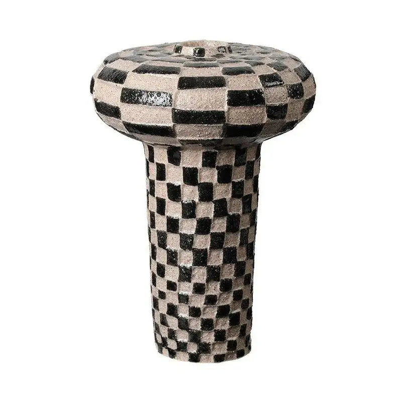 Black White Ceramic Vase with Check Pattern