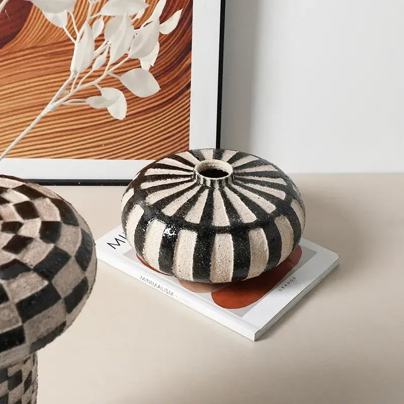 Black White Ceramic Vase with Check Pattern