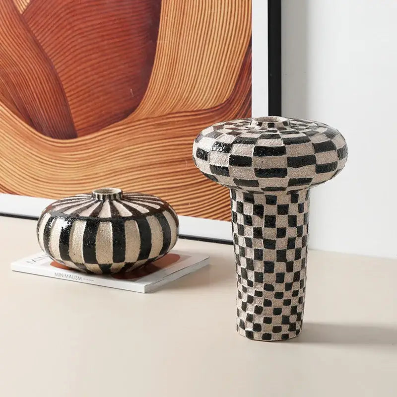 Black White Ceramic Vase with Check Pattern