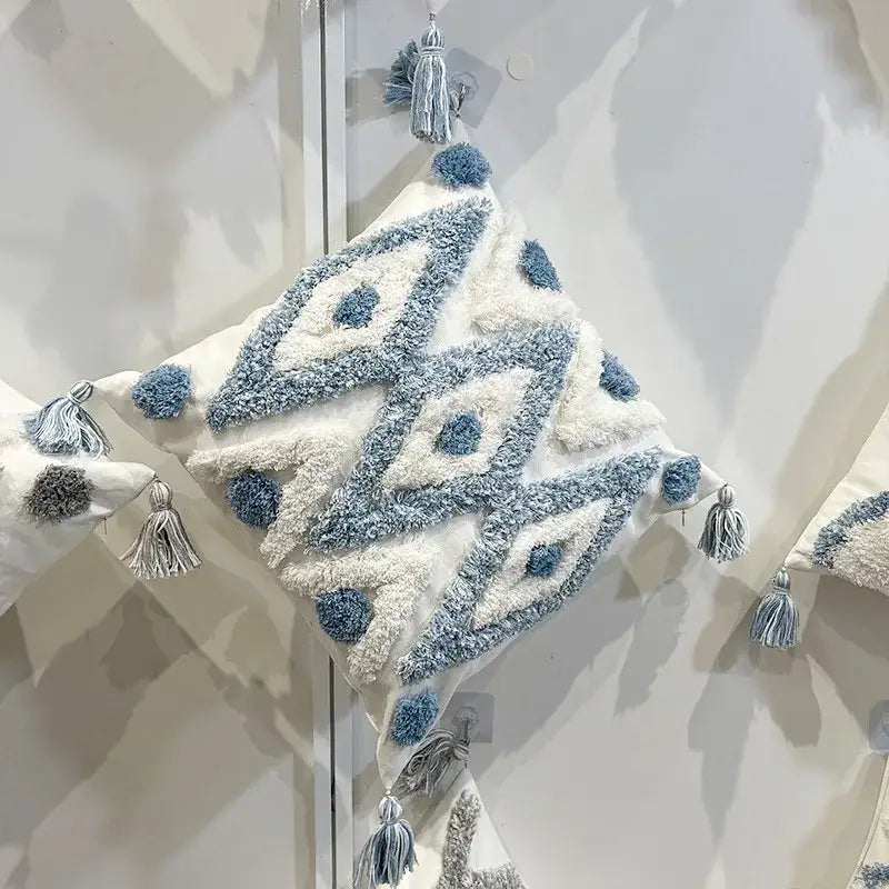 Blue Tufted Embroidery Pillow