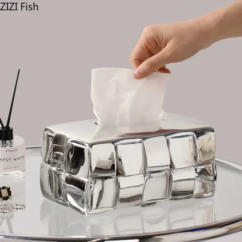 Silver Check Ceramic Tissue Box