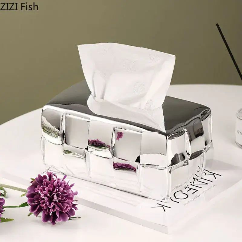 Silver Check Ceramic Tissue Box