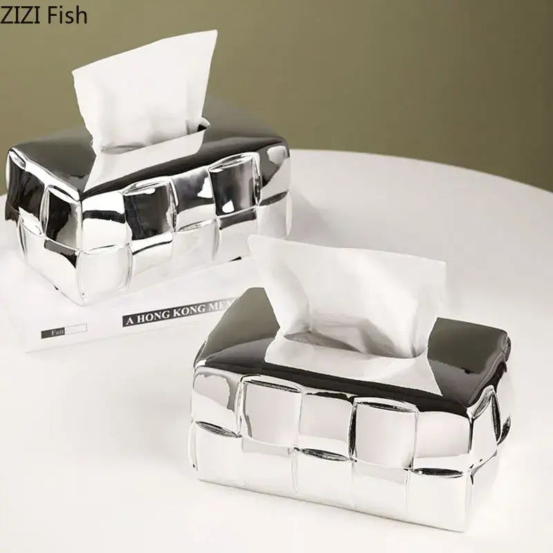 Silver Check Ceramic Tissue Box