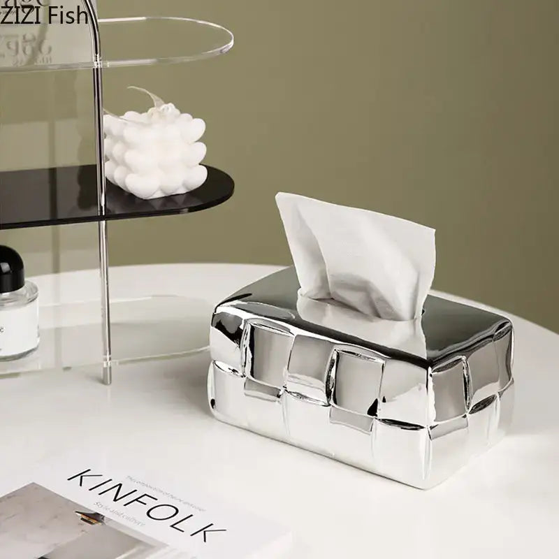 Silver Check Ceramic Tissue Box