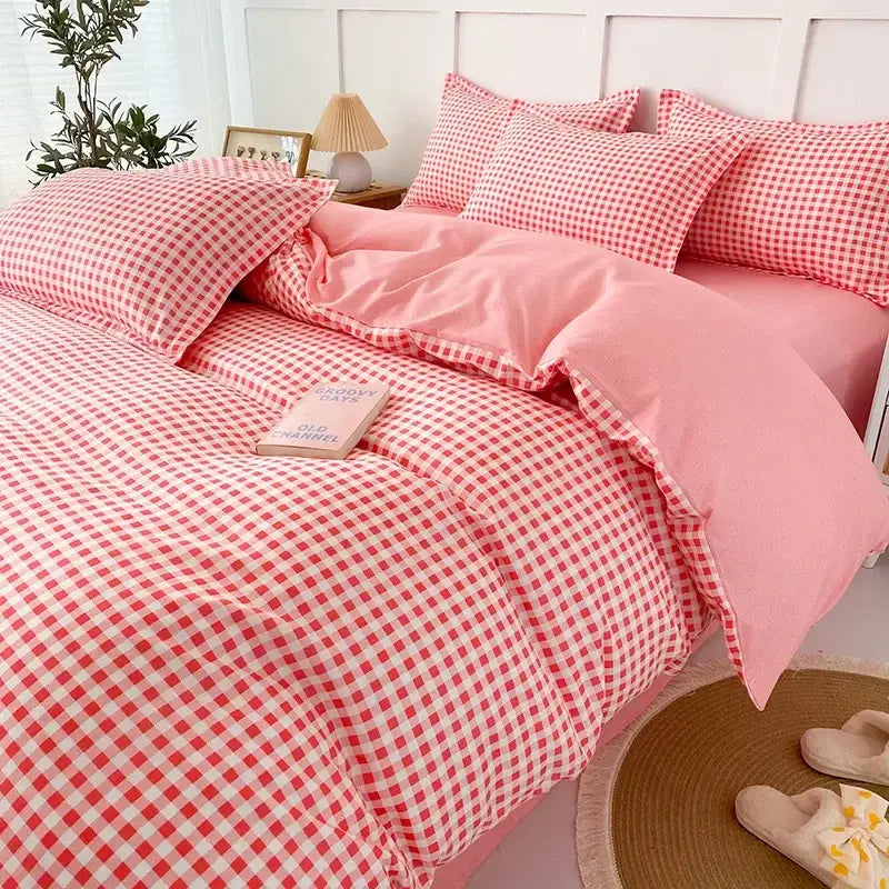 Pink White Gingham Quilt Set
