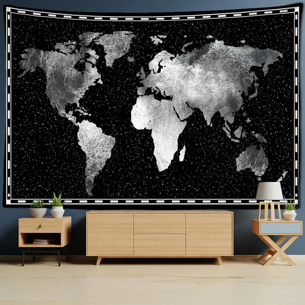 Black Silver World Map Tapestry