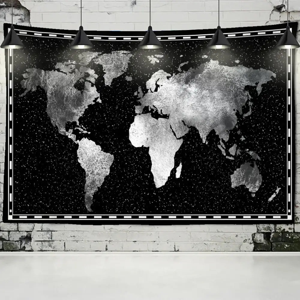 Black Silver World Map Tapestry