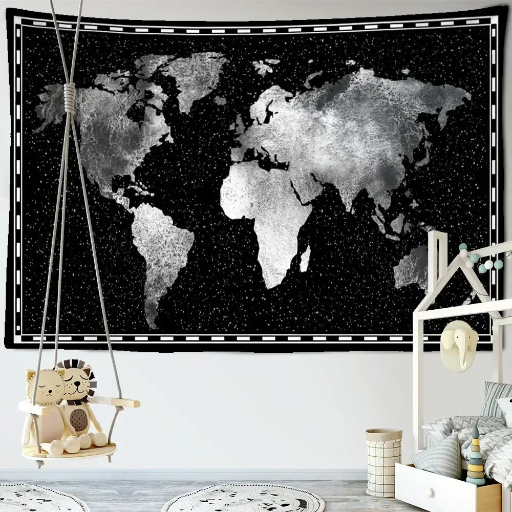 Black Silver World Map Tapestry