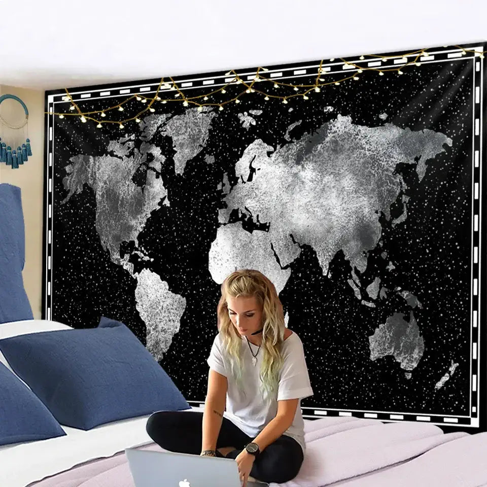 Black Silver World Map Tapestry