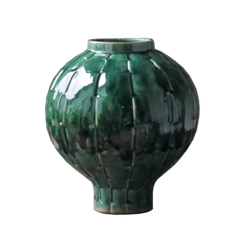 Green Ribbed Ceramic Vase