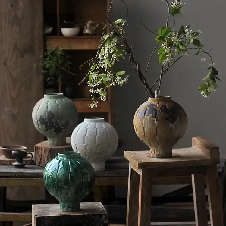 Green Ribbed Ceramic Vase