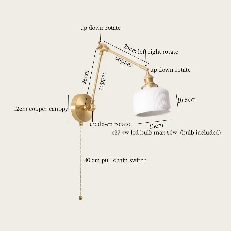 Gold Ceramic Wall Lamp with Ribbed Fabric Shade