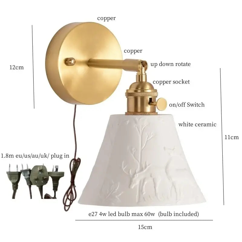 Gold Ceramic Wall Sconce in Ivory with Pull Chain