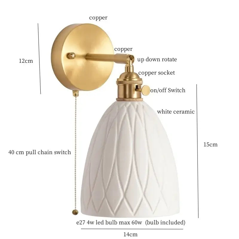 Gold Ceramic Wall Sconce in Ivory with Pull Chain