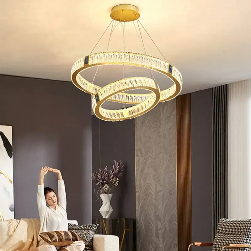 Gold Crystal LED 3-Ring Circular Chandelier