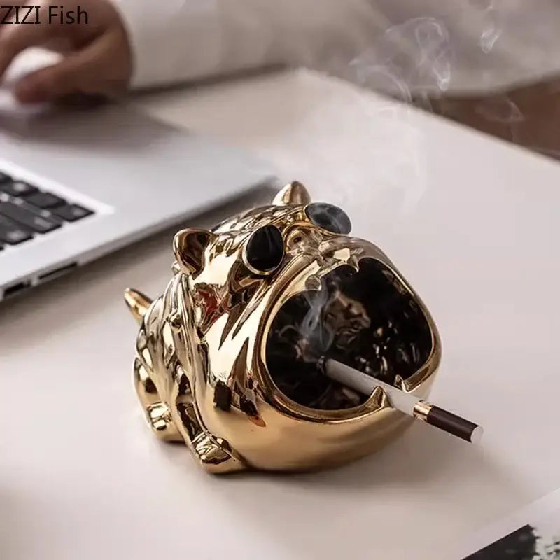 Gold Bulldog Ceramic Ashtray