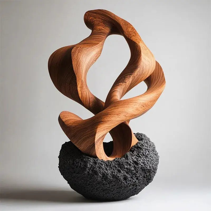 Gold Geometric Resin Sculpture with Volcanic Rock Base
