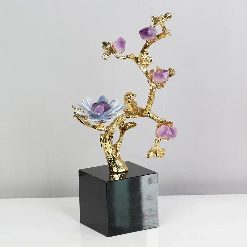 Brass Amethyst Flower Sculpture