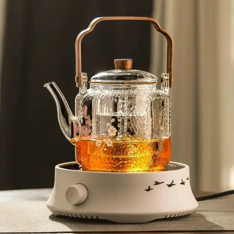 Floral Glass Teapot Bronze Handle