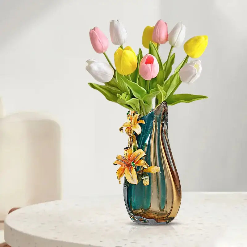 Teal Amber Enamel Vase