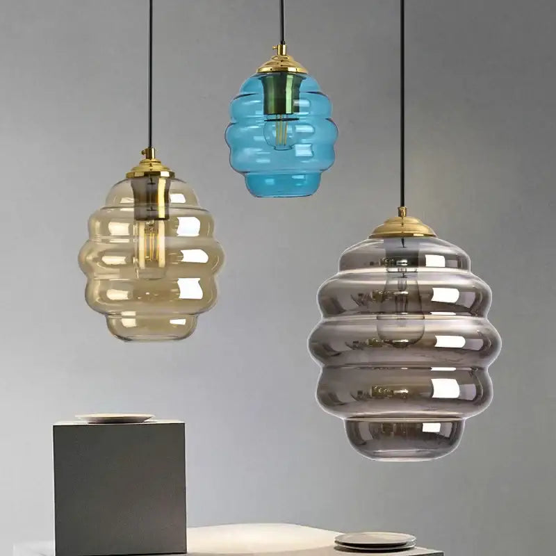 Amber Glass Pendant Light Honeycomb Design
