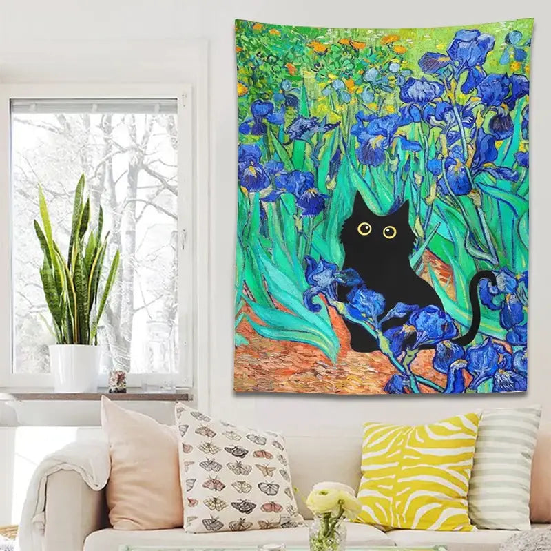 Polyester Irises Cat Tapestry