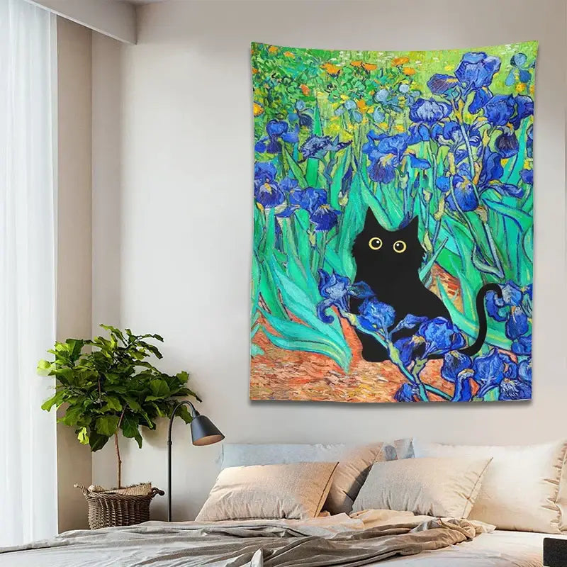 Polyester Irises Cat Tapestry