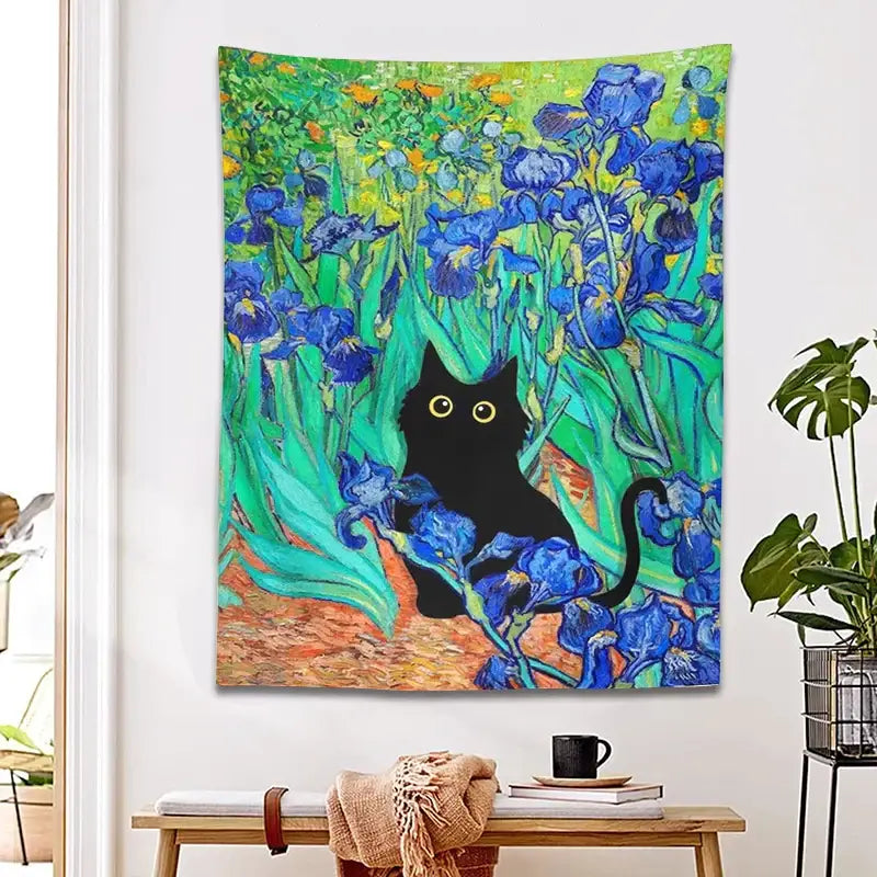 Polyester Irises Cat Tapestry