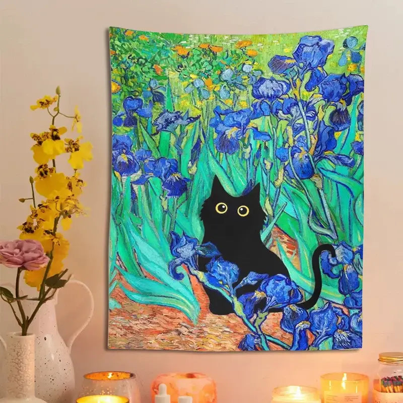 Polyester Irises Cat Tapestry