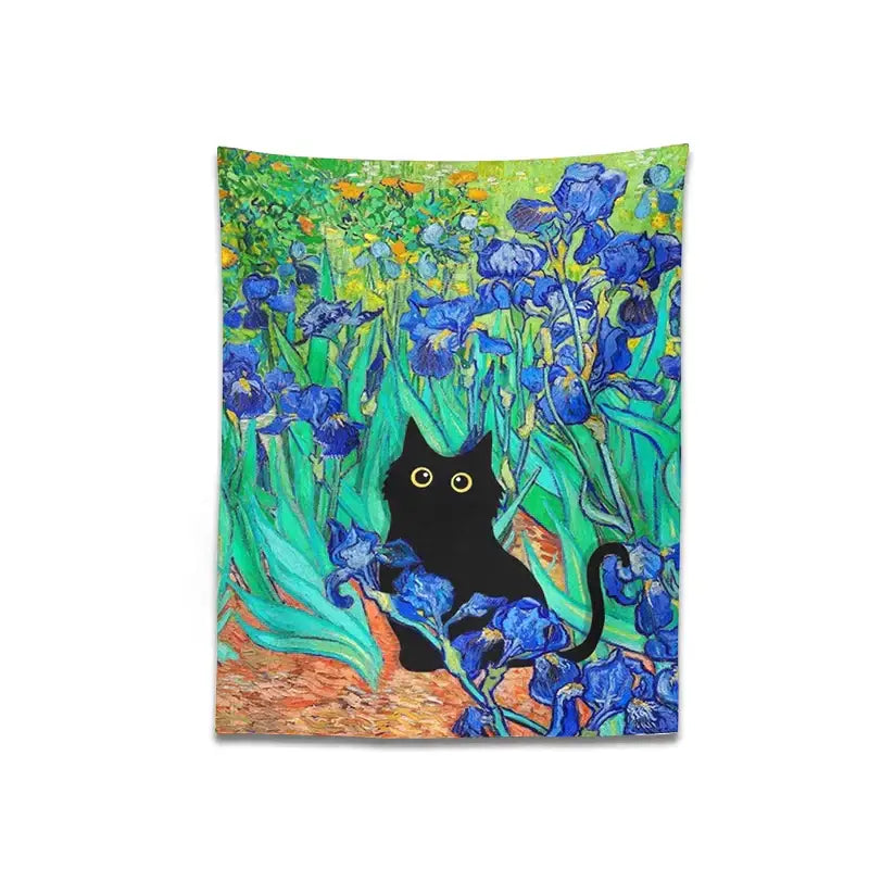 Polyester Irises Cat Tapestry