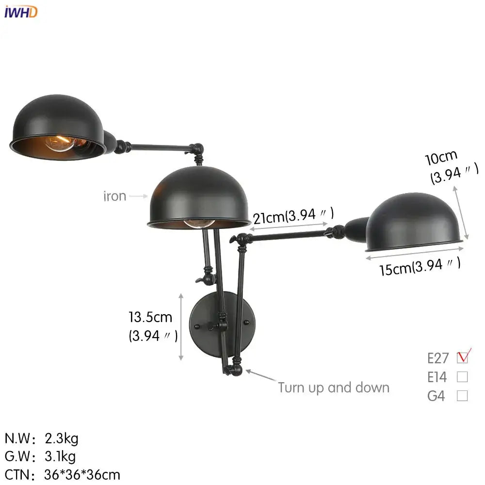 Black Adjustable Wall Sconce with Three Heads