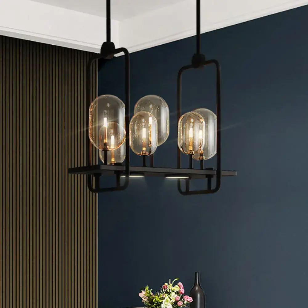 Black Amber Glass Eight-Bulb Industrial Chandelier