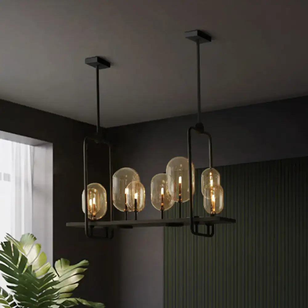 Black Amber Glass Eight-Bulb Industrial Chandelier