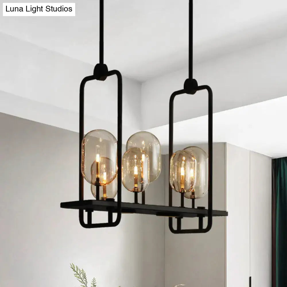 Black Amber Glass Eight-Bulb Industrial Chandelier