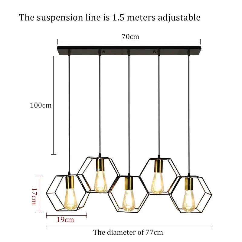 Brass Hexagonal Pendant Light with 3 or 5 Heads