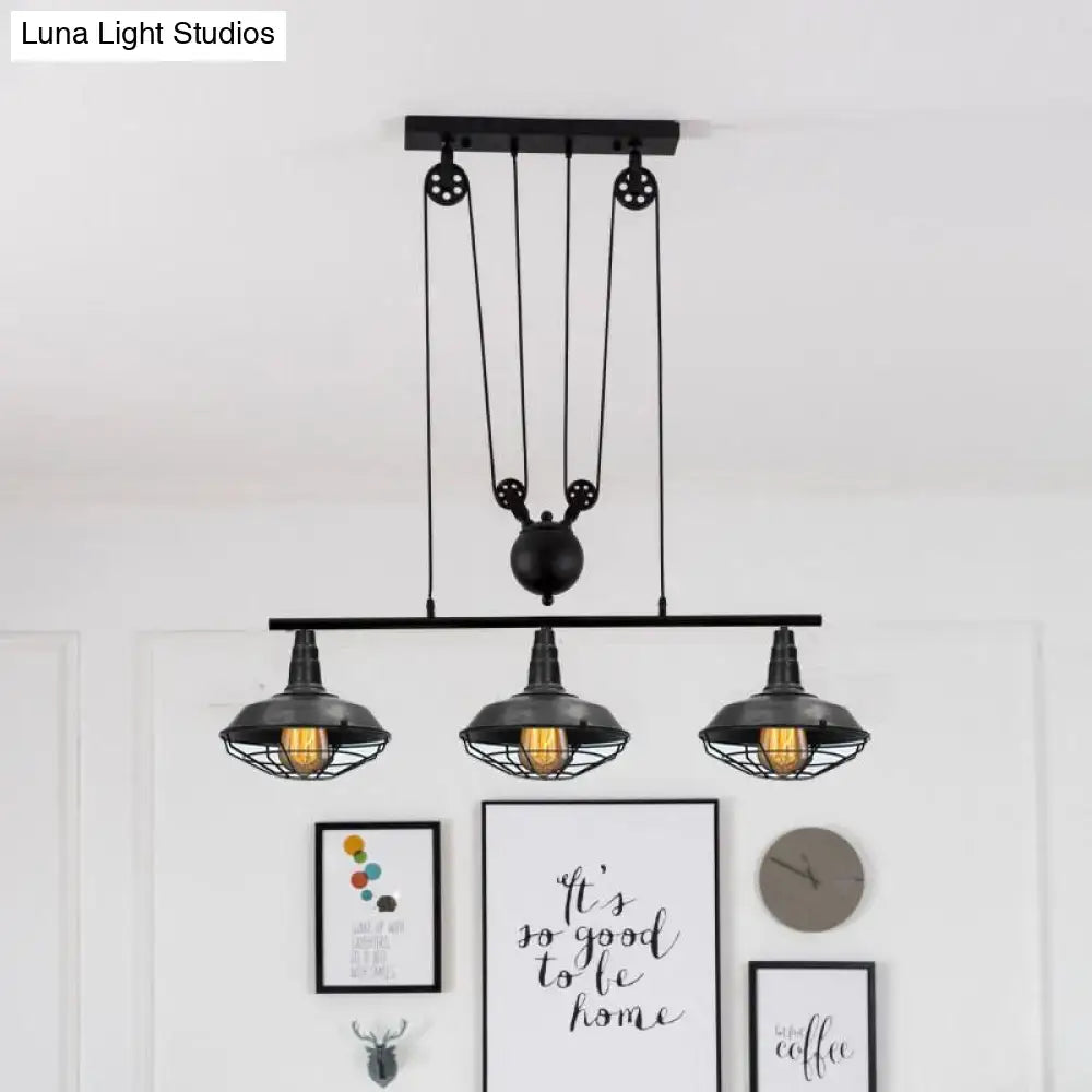Black Cage Three-Light Adjustable Chain Pendant